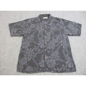 Tommy Bahama Shirt Mens Large‎ Gray 100% Silk Hawaiian Camp Short Sleeve Floral